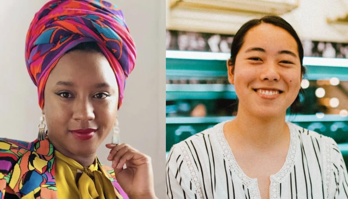 Left: A young, Black medium-skinned woman is smiling and wearing a colorful head turban, gold earrings, a yellow blouse, and a colorful jacket. Right: A young Asian American genderqueer person wearing a ponytail and white and black striped blouse is smiling.
