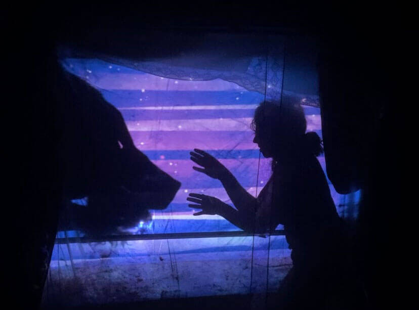 A silhouette of a woman's head, shoulders and arms looking at the shadow of a wolf’s head. The woman is reaching cautiously toward the wolf. The background is streaked in blue and purple horizontal lines and the whole image is framed in black shadow.