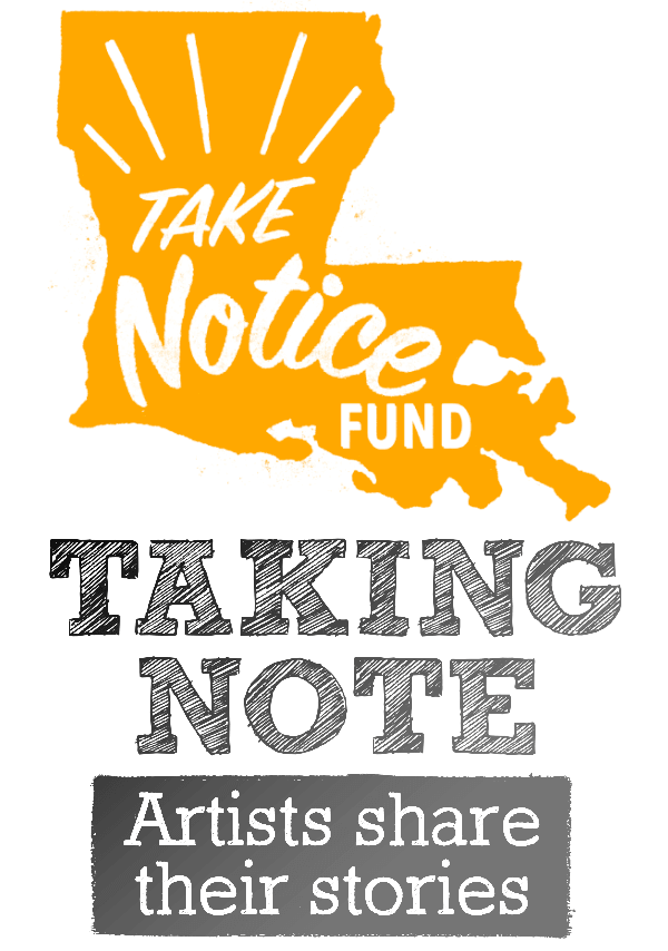 Logo for the Take Notice Fund in orange, followed by the words "Taking Note" in a hand-drawn, slab-serif style font in the same orange. Below that is an orange rectangle with the phrase "Artists share their stories" in white.