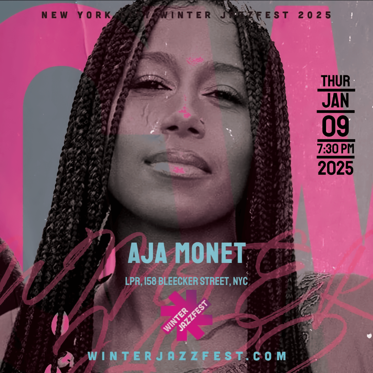 Poster art for aja monet performing at New York Jazzfest 2025, Thursday January 9th at 7:30 pm.