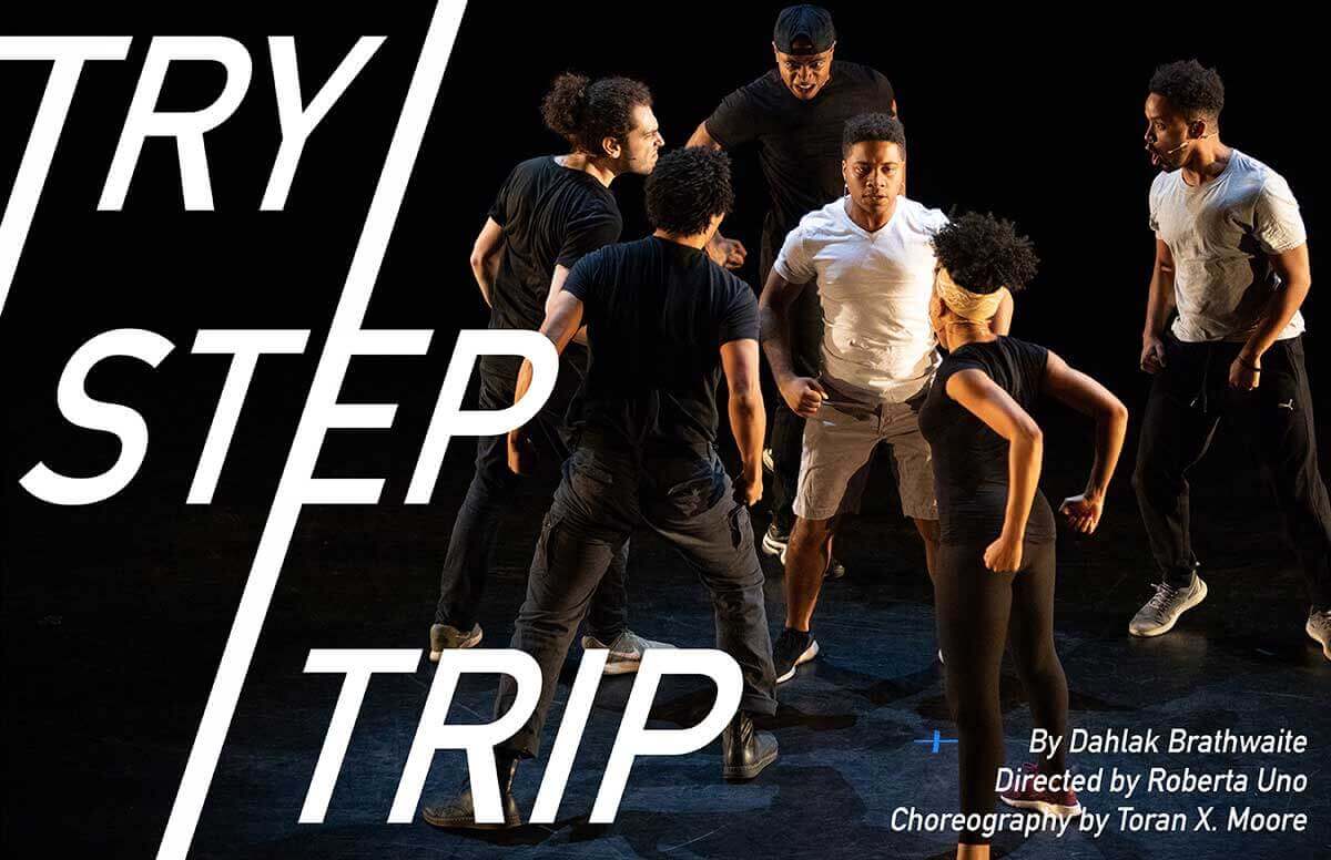 Three Black American men, one Black American woman, and one Jewish man circle a young Black American man, performing the opening movement sequence of Try/Step/Trip - a choreographic blend of Step and West African dance.