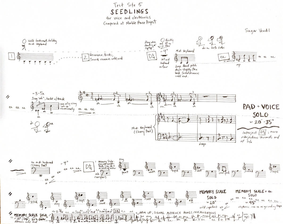 "Test Site 5: Seedlings / for voice and electronics / Composer at Marble House Project" is written in black ink in the center of the page. The composer's name, "Sugar Vendil" is flush right below that text. This hand-drawn score is notated with boxed numbers, stick figures in positions of standing or sitting on the ground, staff, notes, spelled syllables, dots, and wavy lines.