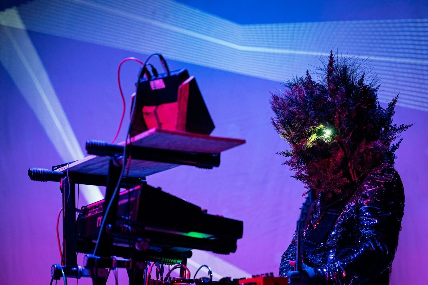 Against a red and purple background decorated with white lines, a person wearing a dark reflective jacket and illuminated, fully enclosed helmet made out of fir tree branches, stands in front of a DJ table.