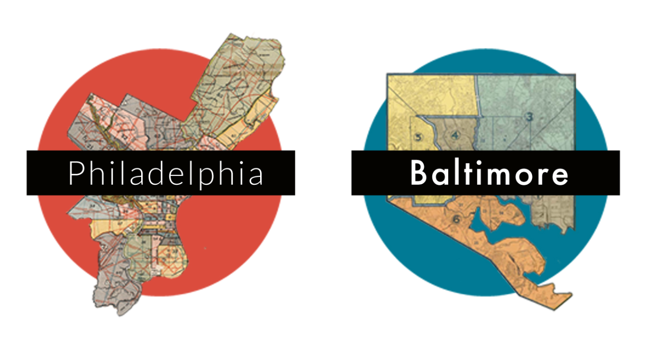 The two locations of Artists U represented by a map of each city overlaid on a circle, with the name of the town in a black box over the map. On the left is Philadelphia, and on the right is Baltimore.