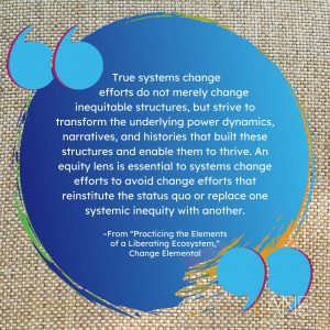 'True systems change efforts do not merely change inequitable structures, but strive to transform the underlying power dynamics, narratives, and histories that built these structures and enable them to thrive. An equity lens is essential to systems change efforts to avoid change efforts that reinstitute the status quo or replace one systemic inequity with another.' --From 'Practicing the Elements of a Liberating Ecosystem,' Change Elemental