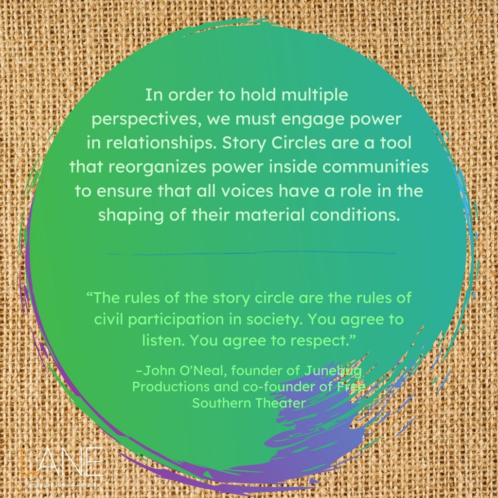 In order to hold multiple perspectives, we must engage power in relationships. Story Circles are a tool that reorganizes power inside communities to ensure that all voices have a role in the shaping of their material conditions. 'The rules of the story circle are the rules of civil participation in society. You agree to listen. You agree to respect.' --John O'Neal, founder of Junebug Productions and co-founder of Free Southern Theater.
