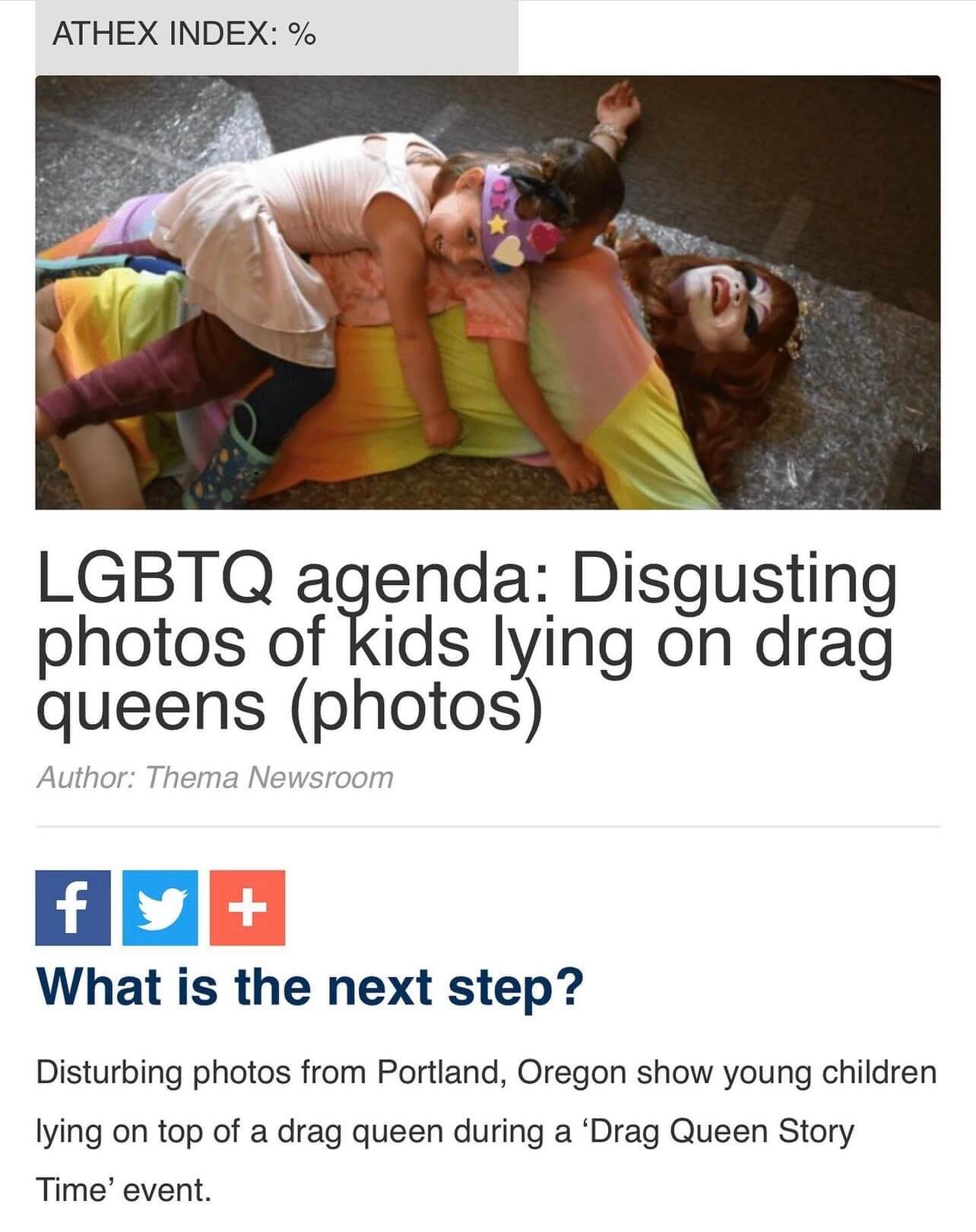 Screen shot of an online article from an unidentified publication. The headline reads, "LGBTQ agenda: Disgusting photos of kids lying on drag queens". The accompanying photo is the widely-shared image of a laughing Carla Rossi lying on her back on the floor of the library with two small children lying on top of her.