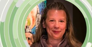 A headshot of Tanya Mote against a background of light green concentric rings.