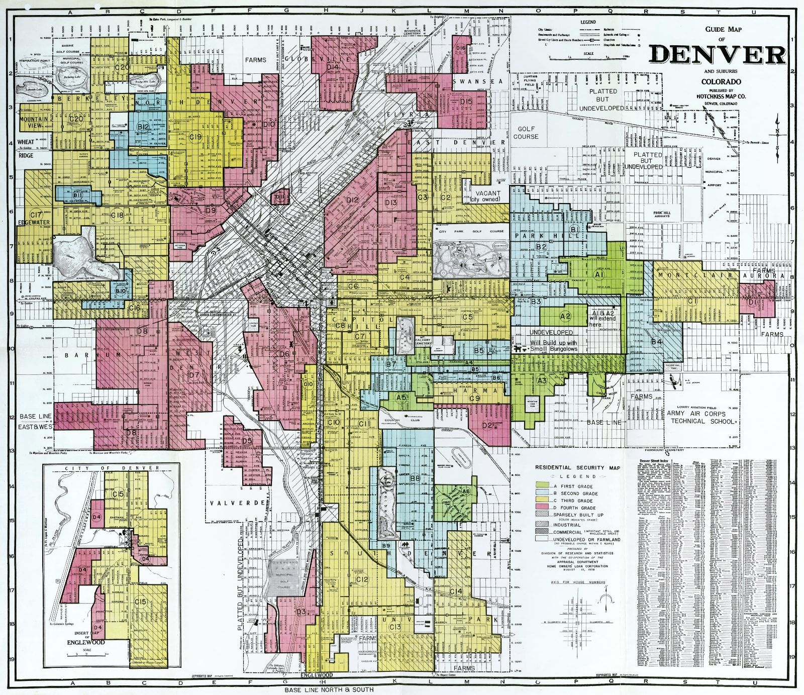 Photograph of an official government "residential security map" of Denver, Colorado, showing an overhead view of the city's lots with areas shaded green, blue, yellow, or red. The legend on the map indicates that the colors represent security grades from first through fourth, with green indicating first and red indicating fourth. The date of the map is partially unreadable, but indicates it was drawn in August of 1936 or 1938.