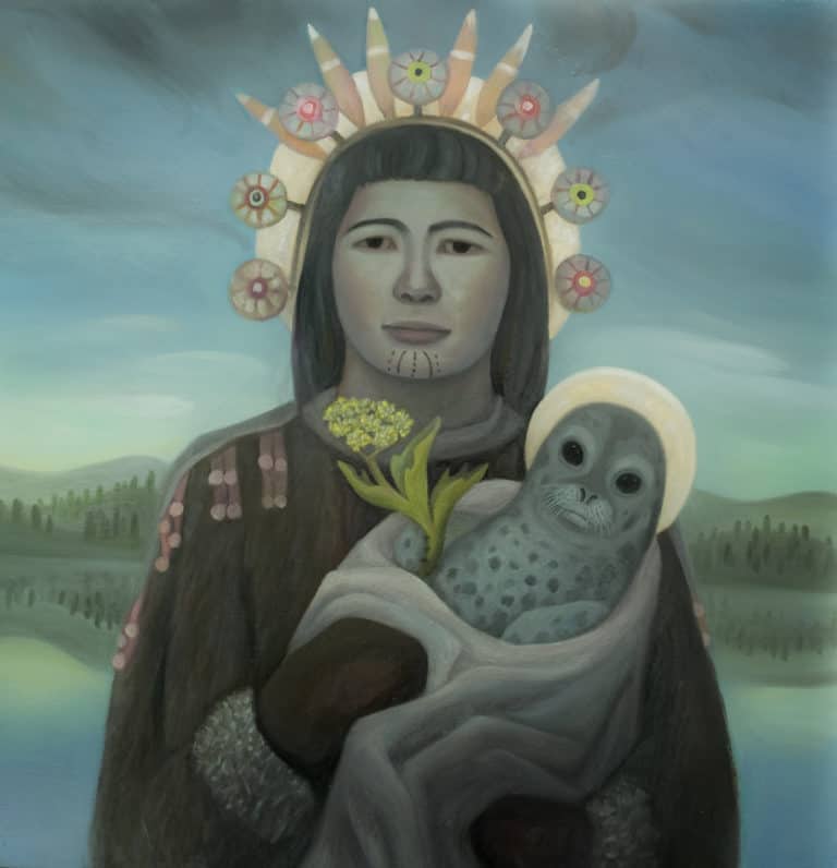 “In my painting, St. Katherine of Karluk, I replace the symbolic elements of a Russian Orthodox icon with those of the Alutiiq people,” Linda Infante Lyons said.
