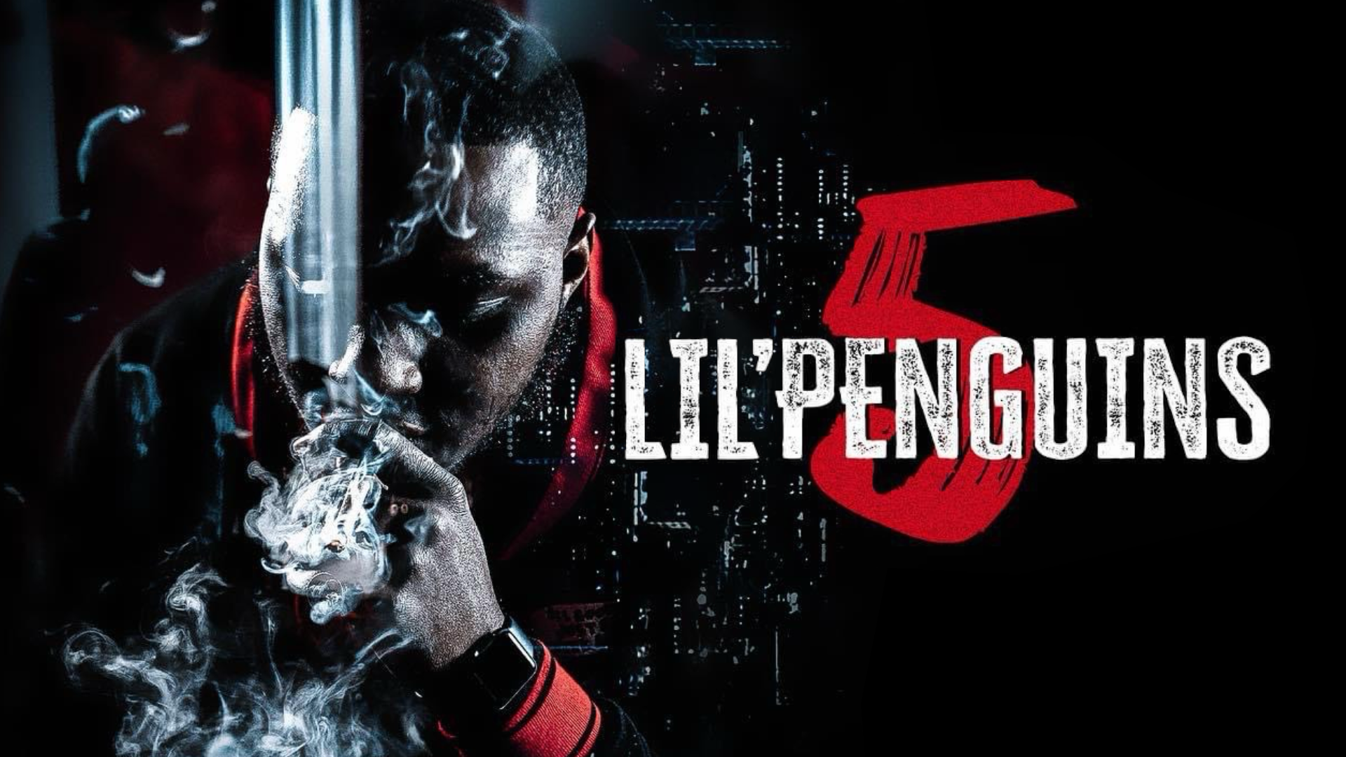 Promotional graphic for "5 Lil' Penguins," featuring a Black man in shadows, with harsh lighting on the side of his face and the top of his hand, partially obscured by darkness and smoke. To the right is the text, "5 Lil' Penguins."