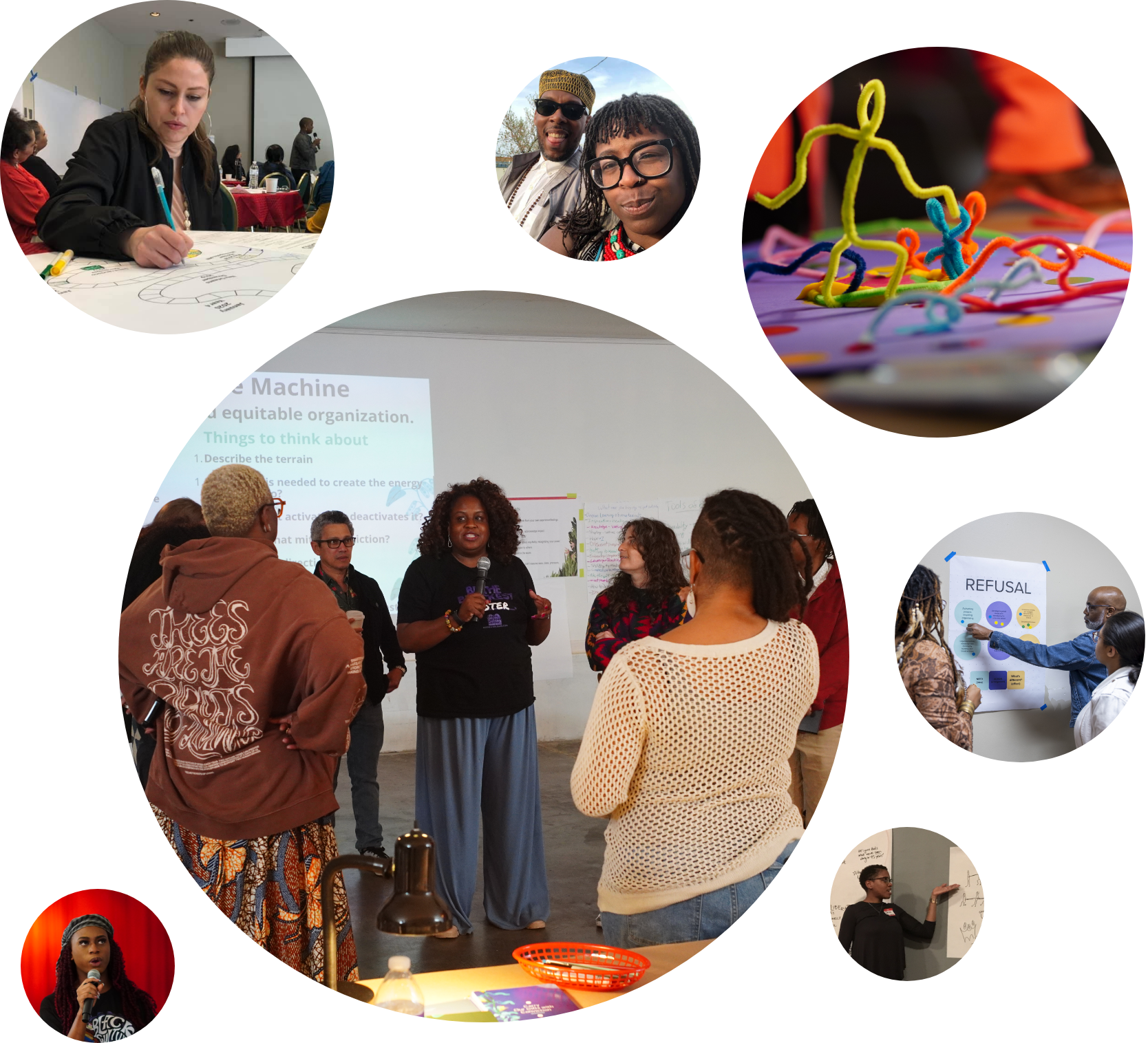 Photo collage from a series of LANE and DRJaM workshops: a Partner points to a poster titled 'Refusal' with colored circles; a woman speaks into a microphone in front of a whiteboard while a small group listens; a person writes on a large paper worksheet at a table; two friends smile together outdoors; colorful pipe-cleaner figures arranged on a table; a woman writes on a wall; a woman speaks into a microphone against a red background.