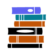 Illustration of a stack of books in purple, teal, orange, and black.