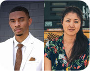 A dark-skinned man is on the left, wearing a white suit and looking intently into the camera. On the right is an Asian woman dressed casually sitting in front of a piano placed at a gas station.