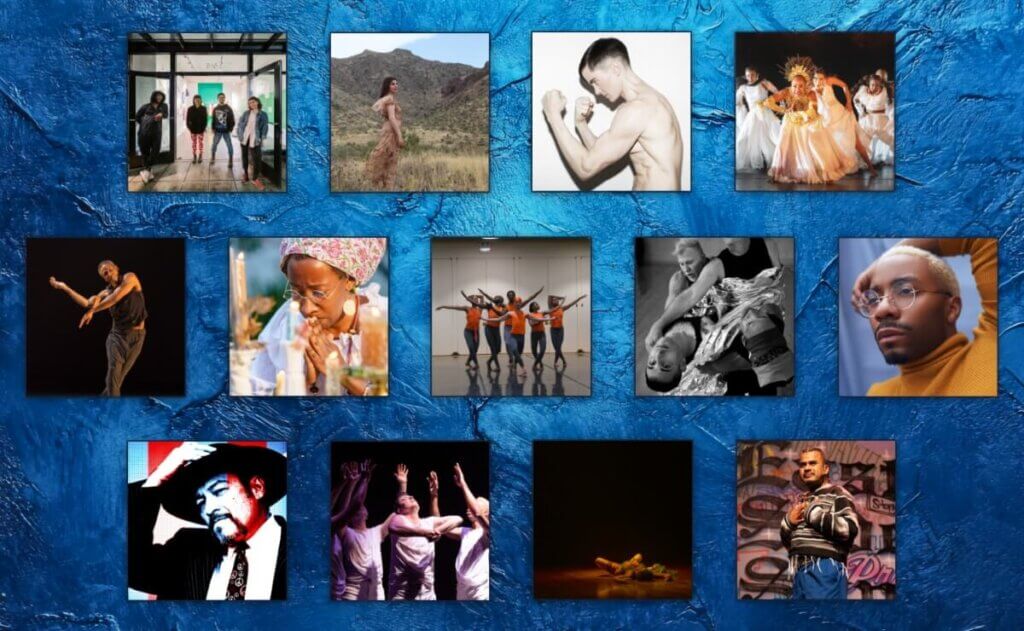 This image features a collage of photos representing the National Performance Network's (NPN) 2024 Creation Fund Awardees. The collage includes thirteen distinct images, each showcasing different artists and performances. The photos capture a range of artistic expressions, including dance, performance art, and portraits of individual artists. The background of the collage is textured in a rich blue color, which helps to highlight each photo. The diverse array of images reflects the creativity and cultural depth of the awardees being recognized by NPN.