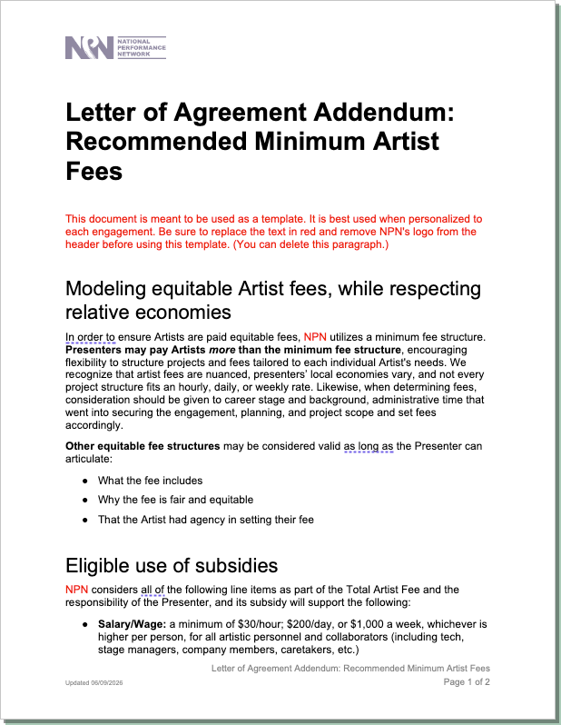 Thumbnail image of the first page of the "Recommended Minimum Artist Fees" Letter of Agreement Addendum.