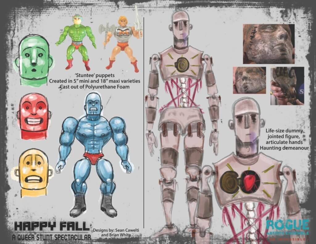 A drawing of a muscular, blue male 1980’s-style action figure with its teeth clenched is featured on the left side of the photo. There are two images of action figures from the 80’s, both with muscular stylized physiques above the drawing. The right side of the image includes a hand-drawn rendering of a humanoid puppet with articulated joints and photographs of old crash dummies. The puppet’s abdomen is missing, exposing the spine and strings inside. The puppet has a door-like opening in the chest that reveals its heart.
