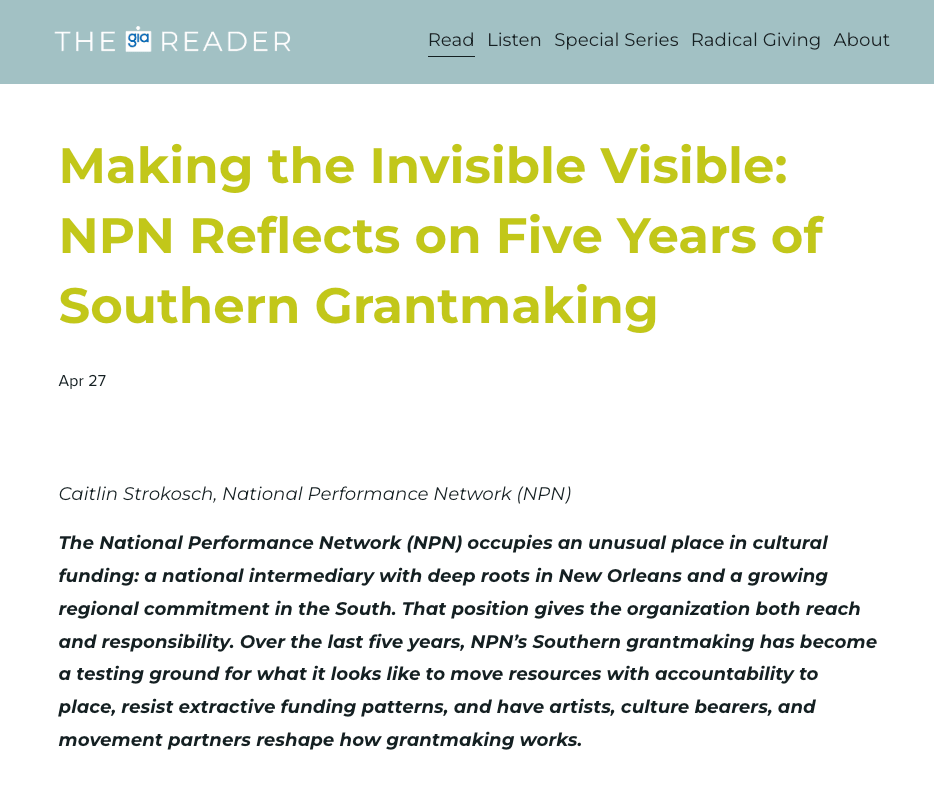 Screenshot of the GIA Reader article 'Making the Invisible Visible: NPN Reflects on Five Years of Southern Grantmaking' by Caitlin Strokosch.