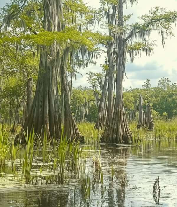 Louisiana wetlands with cypress trees and Spanish moss