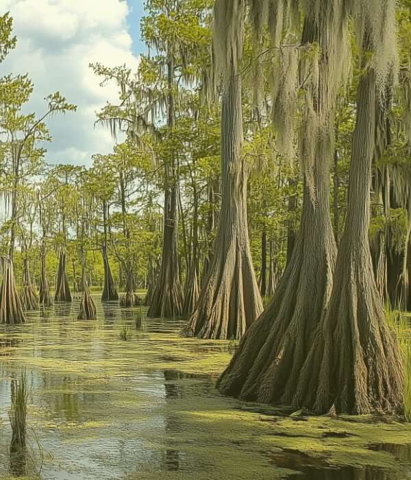 Louisiana wetlands with cypress trees and Spanish moss