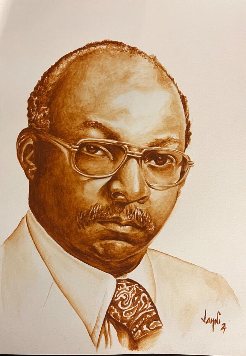 A portrait drawing by Jahni Moore, in red clay on white paper, of Dr. Harold F. Drake, a middle-aged, partially bald Black man with a mustache. Dr. Drake is wearing glasses and a dress shirt with a paisley-patterned tie. He's staring seriously at the viewer as if posing for the portrait.