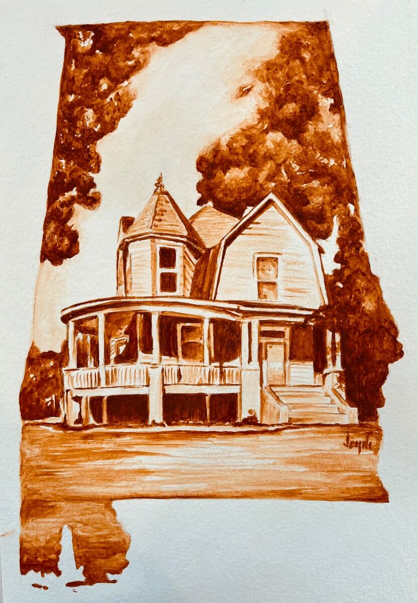 A drawing by Jahni Moore, in red clay on white paper, of the Drake House in its original condition, with a large circular veranda curving around the left side. The house is framed by leafy trees, and the entire image is contained within the silhouette of the state of Alabama.