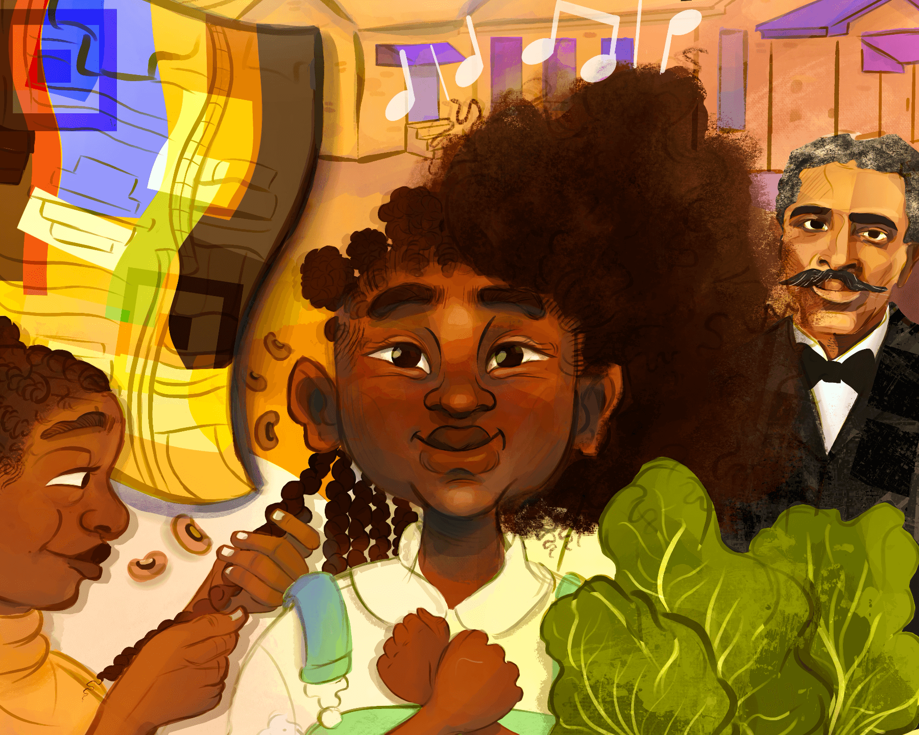 A close-up of part of the book cover for "Spotlight: Black Rural Life," curated and illustrated by Jazzie Jelks. The colorful illustration centers on a young Black girl with her fists crossed over her chest. A smiling Black woman to the left of her is braiding the girl's hair. Surrounding the girl are a quilt, a row of musical notes, a mustached man in a suit and black bow tie, and collard greens. In the background is a partial view of a one-story church.