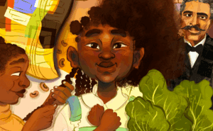 A close-up of part of the book cover for "Spotlight: Black Rural Life," curated and illustrated by Jazzie Jelks. The colorful illustration centers on a young Black girl with her fists crossed over her chest. A smiling Black woman to the left of her is braiding the girl's hair. Surrounding the girl are a quilt, black-eyed-peas, a mustached man in a suit and black bow tie, and collard greens.