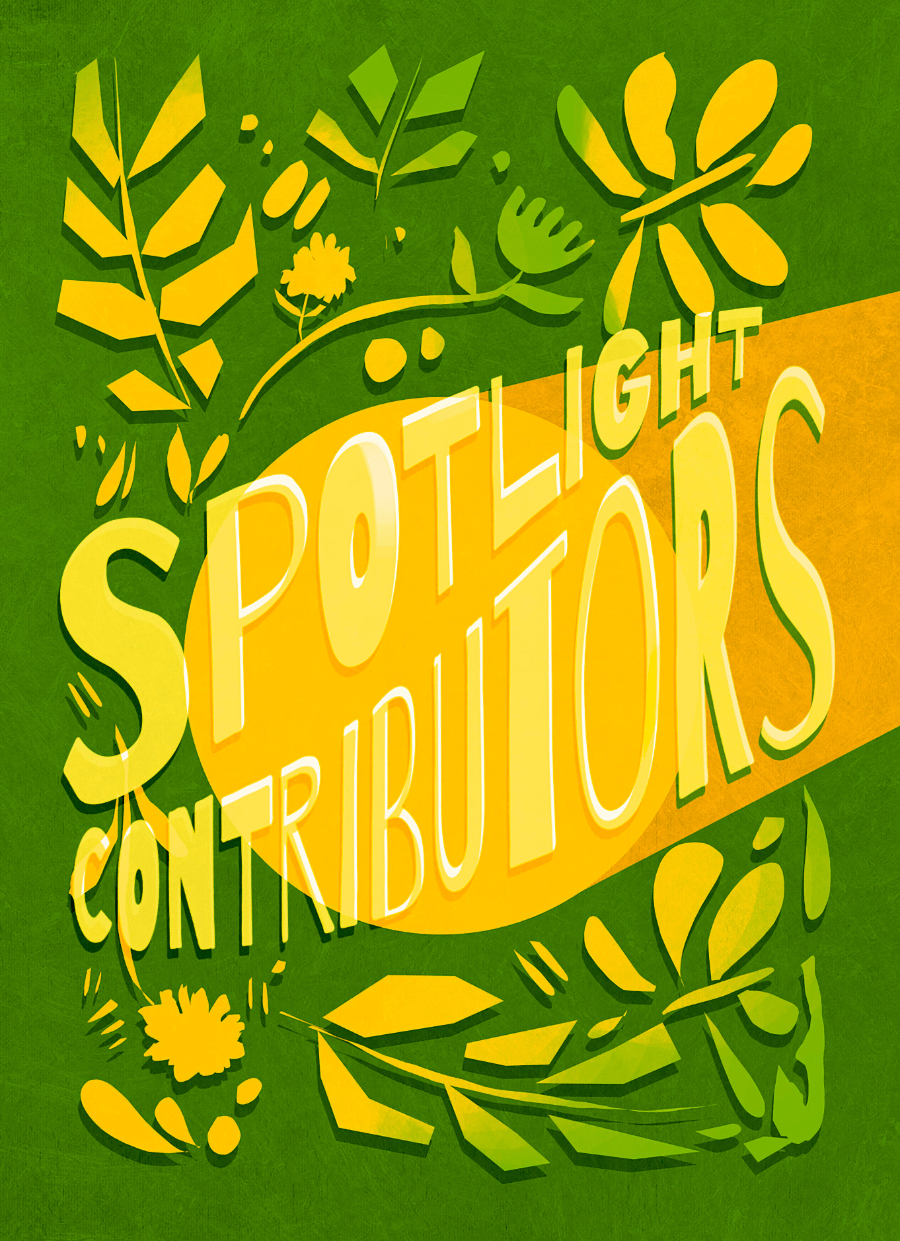 A cartoon-like illustration of a yellow spotlight on textured green paper. In the center of the image in hand-drawn decorative text are the words "Spotlight Contributors."