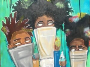 Detail of painting by Kerrigan Casey: against a bright green background are three oversized paintbrushes with the heads of young Black artists replacing the brush bristles