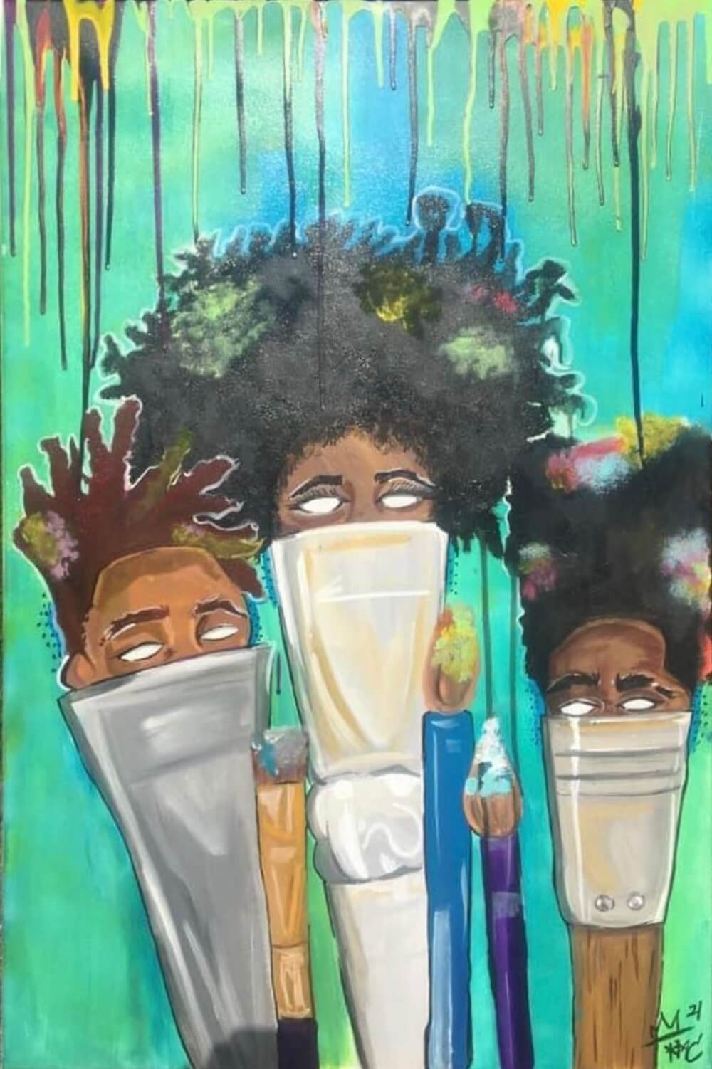 Photograph of a painting by Kerrigan Casey. Three oversized paintbrushes stand upright in front of an electric green background. Instead of paint bristles, each brush has the top half of a Black head from the bridge of the nose up, with blank white eyes and hair holding splotches of colorful paint. Three smaller brushes are displayed in the foreground, with typical bristles covered in paint. Across the top of the canvas, rivulets of yellow, orange, green, and black paint drip down.