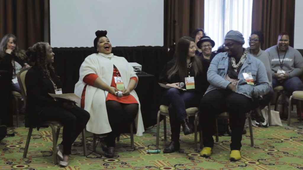 Photo of LANE cohort members Central District Forum of Arts and Ideas in Seattle, Washington and The Theater Offensive in Boston, Massachusetts interviewing each other at the 2019 National Performance Network Conference.