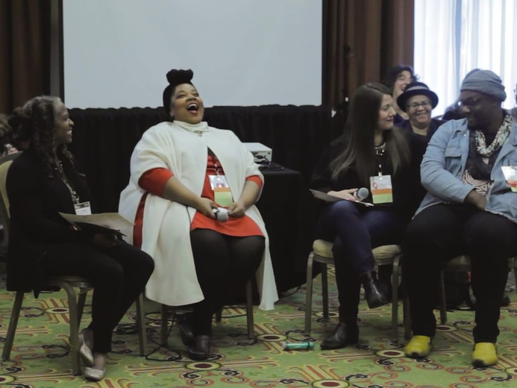 Photo of LANE cohort members Central District Forum of Arts and Ideas in Seattle Washington and The Theater Offensive Boston Massachusetts interviewing each other at the 2019 National Performance Network Conference.