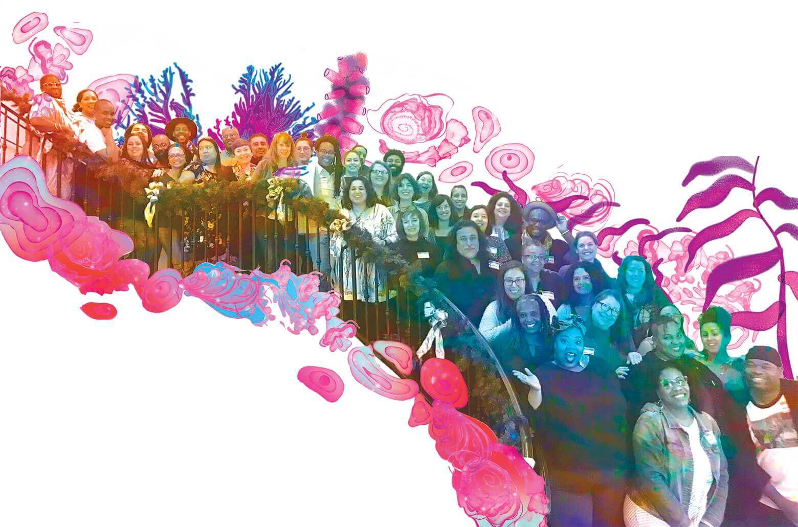 A rainbow-tinted photograph of Black, Brown, Indigenous, and white people, all LANE cohort members, are flanked by rippling pink and purple illustration of sea vegetation.