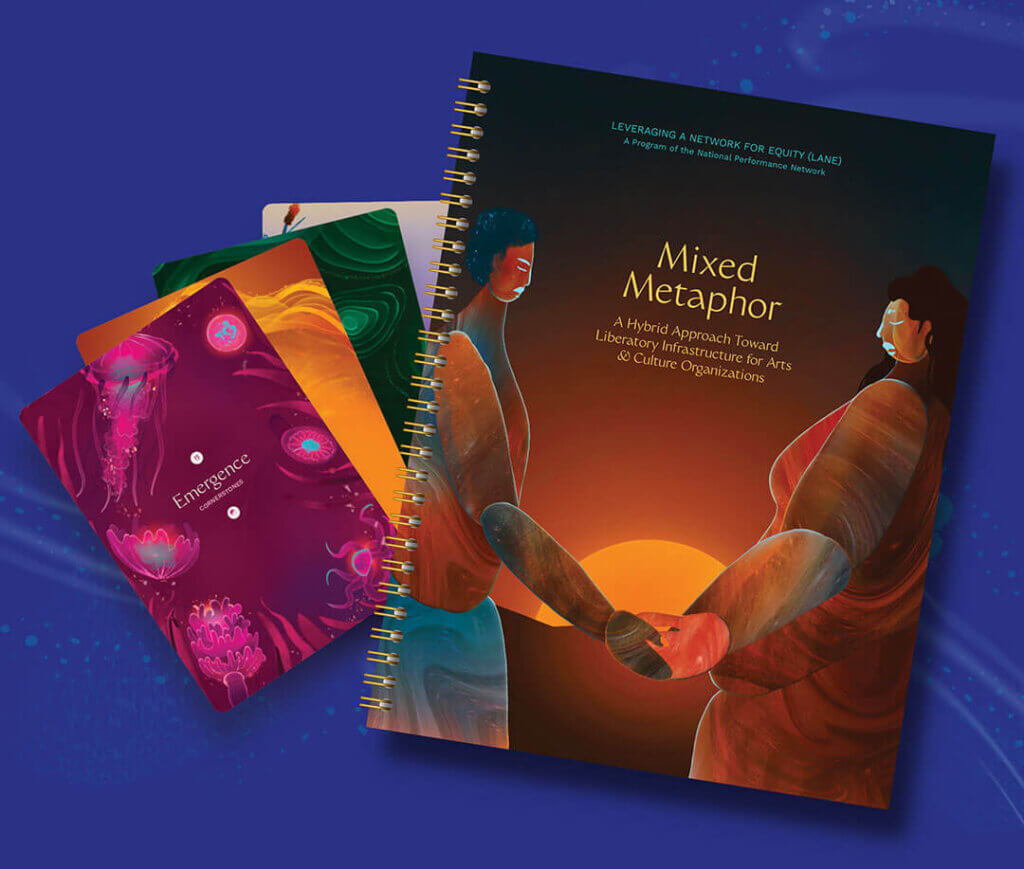 A spiral-bound LANE workbook sits against a deep blue background with swirly and speckled light blue detailing. The cover of this workbook places the words “Mixed Metaphor: A Liberatory Infrastructure Toolkit for Arts and Culture Organizations” between an illustration of two dark and medium-brown skinned people holding hands with their eyes closed. The sun sets between their canyon-textured bodies. The colorful LANE tarot deck is splayed out to the workbook’s left, with the topmost card showing the word “Emergence” amidst a deep fuchsia background decorated with cyan accents as well as sparkling jellyfish, coral, and sea anemones. Above this deck float the same words from the workbook, large and titular. The LANE logo is stamped on the bottom left.