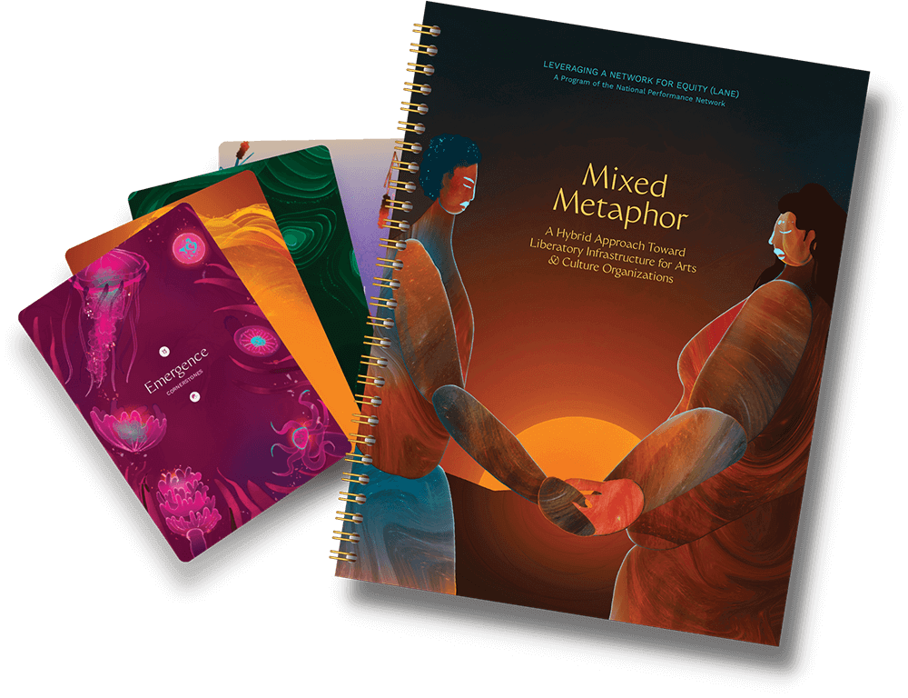 A spiral-bound LANE workbook sits against a brown background with swirly and speckled detailing. The cover of this workbook places the words 'Mixed Metaphor: A Liberatory Infrastructure Toolkit for Arts and Culture Organizations' between an illustration of two dark and medium-brown skinned people holding hands with their eyes closed. The sun sets between their canyon-textured bodies. The colorful LANE tarot deck is splayed out to the workbook’s left, with the topmost card showing the word 'Emergence' amidst a deep fuchsia background decorated with cyan accents as well as sparkling jellyfish, coral, and sea anemones. Above this deck float the same words from the workbook, large and titular. The LANE logo is stamped on the bottom left.