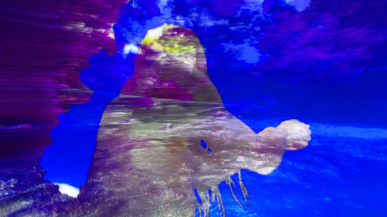 The silhouette of a long-haired person with hands cupped and outstretched is filled with a digitally processed image of a mountain stream. The silhouette is filled with distorted purple, white, and yellow streaks of color. Outside of it is a blue saturated negative space.