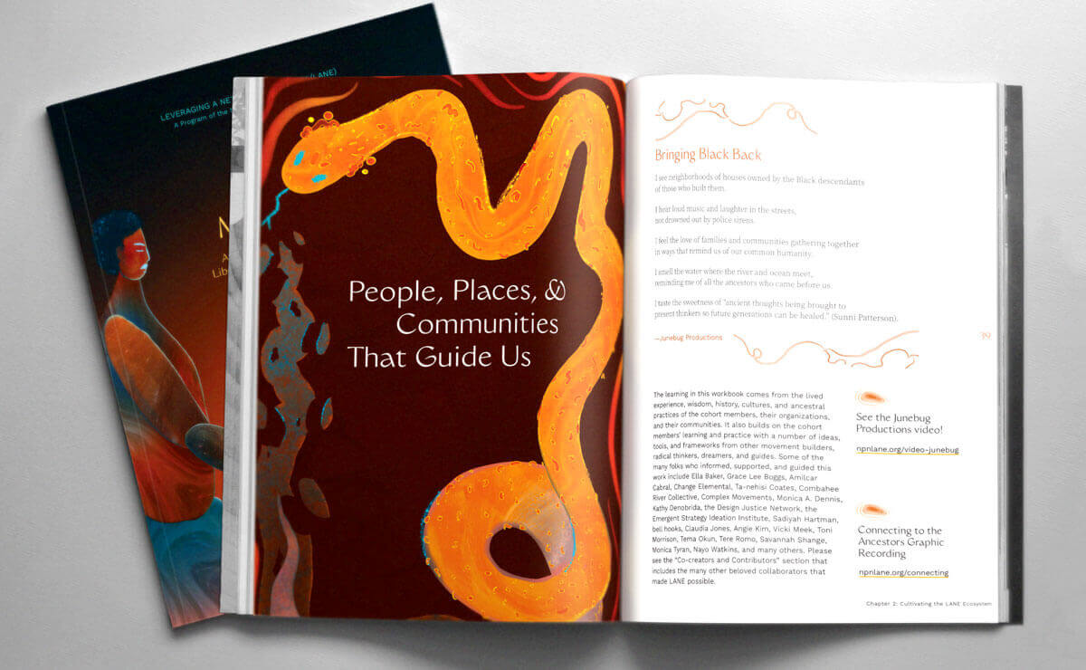 Top-down view of an open workbook. On the left page is a full-page stylized illustration of a bright orange snake with teal eyes, with curving orange lines running parallel to it on the edges of the page. There is text in the center of the image that reads, “People, Places, & Communities That Guide Us.” On the right page are blocks of text with small orange decorative elements; this text is too small to be legible. A closed copy of the workbook is behind the open copy and tilted so that the edge of it is visible. 