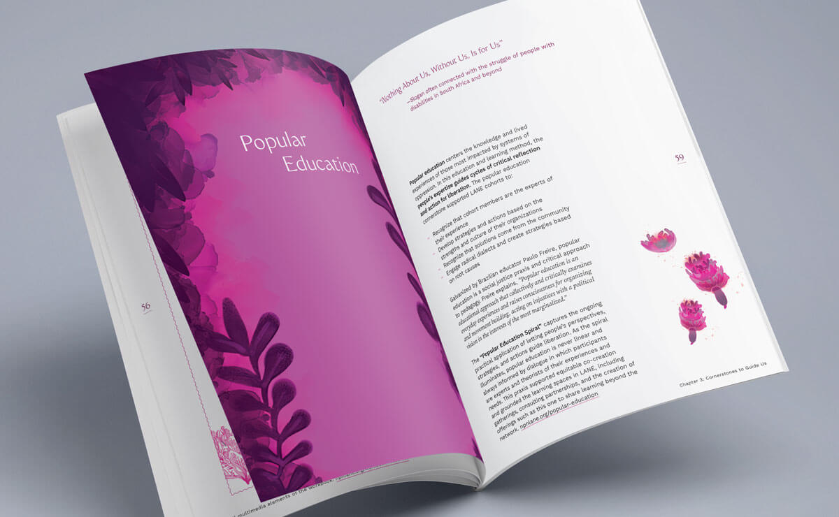 Top-down view of an open workbook. The left page is a solid field of light purple. The sides and top of the page are decorated in monochromatic hand-drawn leaf shapes in dark purple, over a wash of bright pink that fades into the light purple background. In the center of the top half of this page, in white lettering, is the title "Popular Education." On the right page are blocks of text that are too small to be legible, and three small purple flower images in the margin near the bottom right corner. 