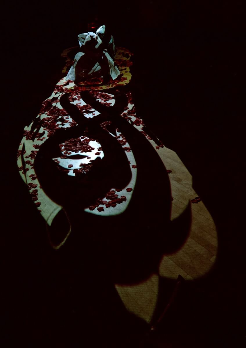 A ghostly figure in a pool of light and video projection of patterns of circles, curves and figure eights projected on a black floor.