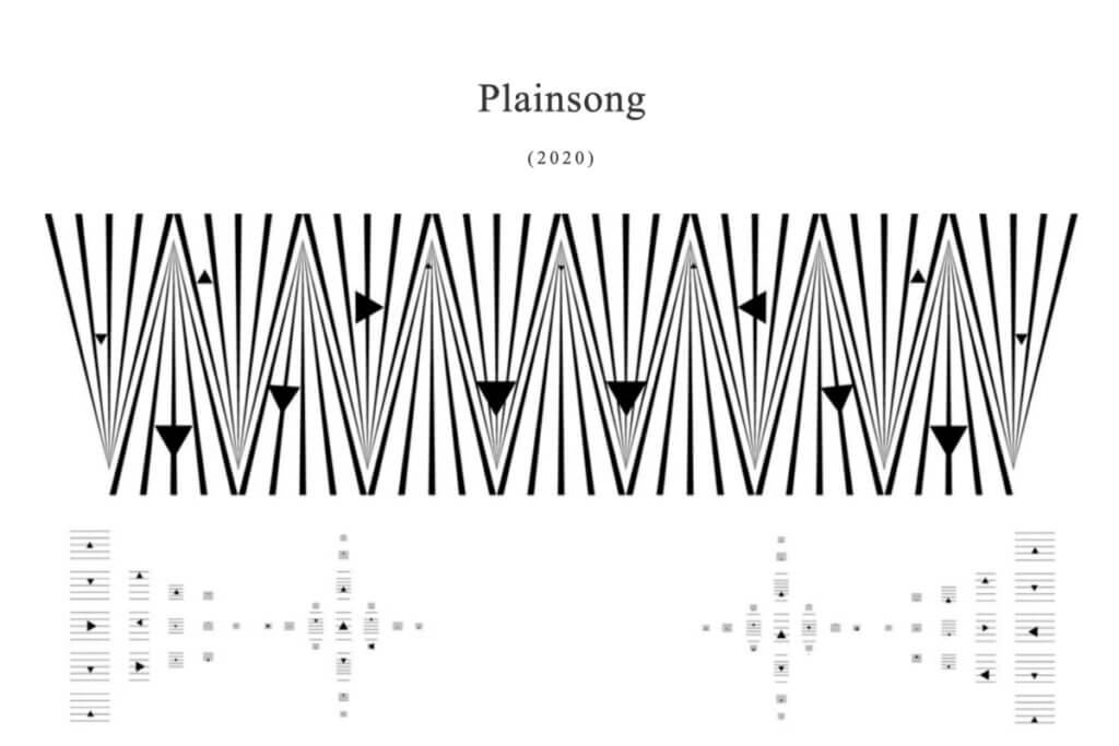 The photo depicts a black and white photo of the “Plainnsong” musical score.