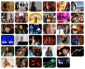Photo grid featuring portraits and performance shots of the 35 artists and projects awarded the 2025 NPN Documentation & Storytelling Fund. Images include diverse individuals posing, performing dance, music, theater, or visual art, plus group shots, colorful stage scenes, and creative environments, reflecting a vibrant range of artistic expression.