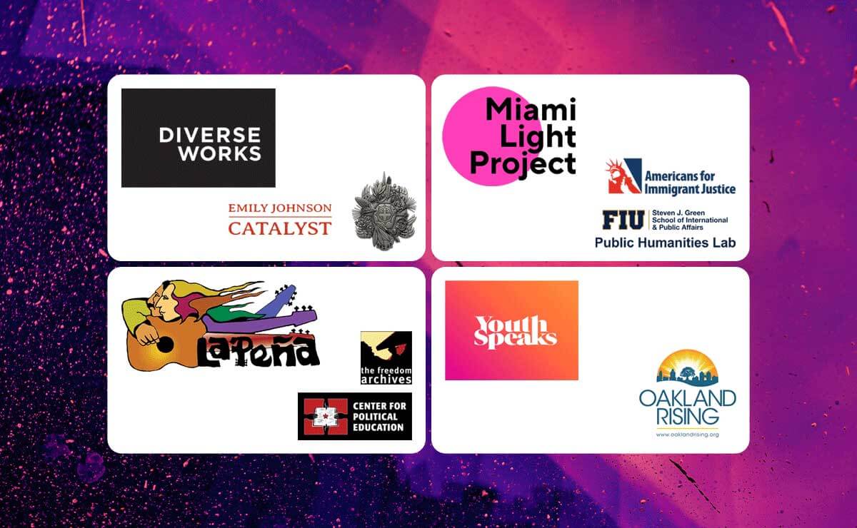 A two-by-two grid of white boxes containing logos representing the four 2026 Praxis Project Fund awardees and their partners. The top left box contains the logos for DiverseWorks and Emily Johnson Catalyst. The top right box contains the logos for Miami Light Project, Americans for Immigrant Justice, and FIU Public Humanities Lab. The bottom left box contains the logos for La Peña Cultural Center, the freedom archives, and the Center for Political Education. The bottom right box contains the logos for Youth Speaks and Oakland Rising.