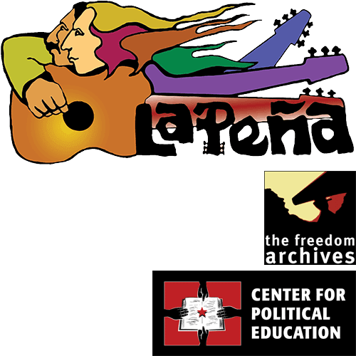 Logos for La Peña, featuring a colorful illustrated guitarist, the Freedom Archives, and the Center for Political Education.