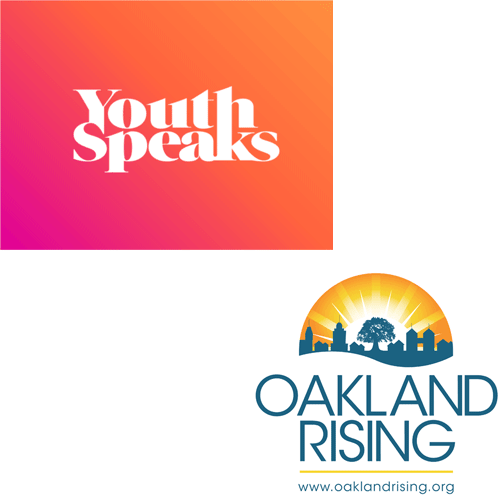 Logos for Youth Speaks, featuring white lettering on a pink-to-orange gradient, and Oakland Rising, featuring a city skyline beneath a rising sun.