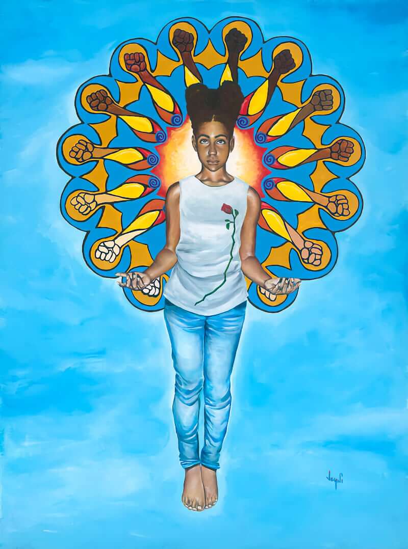 Painting of a Black girl floating in a bright blue sky with bare feet, jeans, and a white tank top decorated with a rose on the heart side of her body. She floats with her legs together and her arms bent at the elbow and her palms facing up so she appears to be offering us something or meditating. Her double-bunned hair is surrounded by a halo of fists of varying skin tones. This halo is elaborate like a mandala and includes a lot of abstract swirls and bright warm colors like yellow and orange.