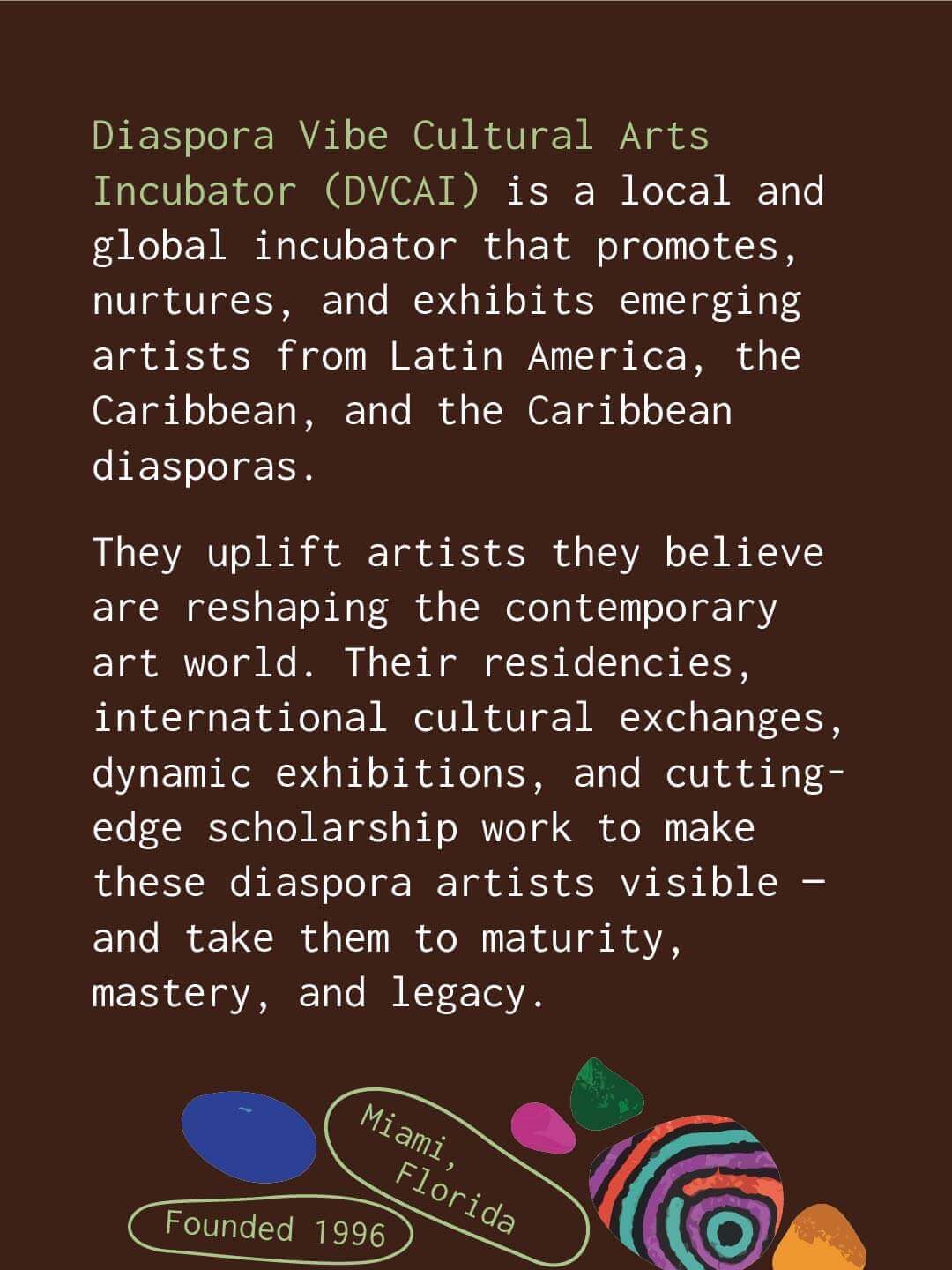 Informational slide describing Diaspora Vibe Cultural Arts Incubator as a local and global incubator promoting emerging artists from Latin America the Caribbean and Caribbean diasporas. Text also notes residencies exchanges exhibitions and scholarship. Decorative stones and labels read Miami Florida and Founded 1996.