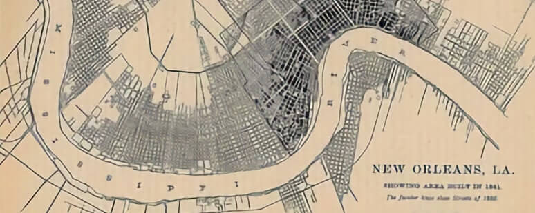 Vintage city map showing New Orleans with the Mississippi River.